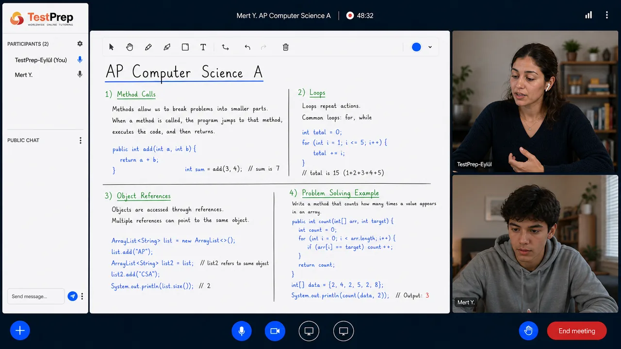 AP Computer Science A birebir özel ders canlı ders ekranı: eğitmen ve tek öğrenci dijital tahtada AP sorusu çözüyor