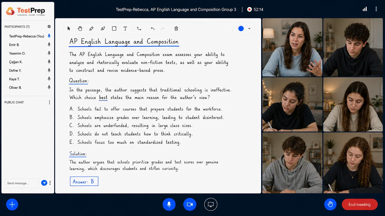 AP English Language grup kursu canlı ders ekranı: küçük sınıfta dijital tahta üzerinden konu anlatımı ve AP tarzı soru çözümü