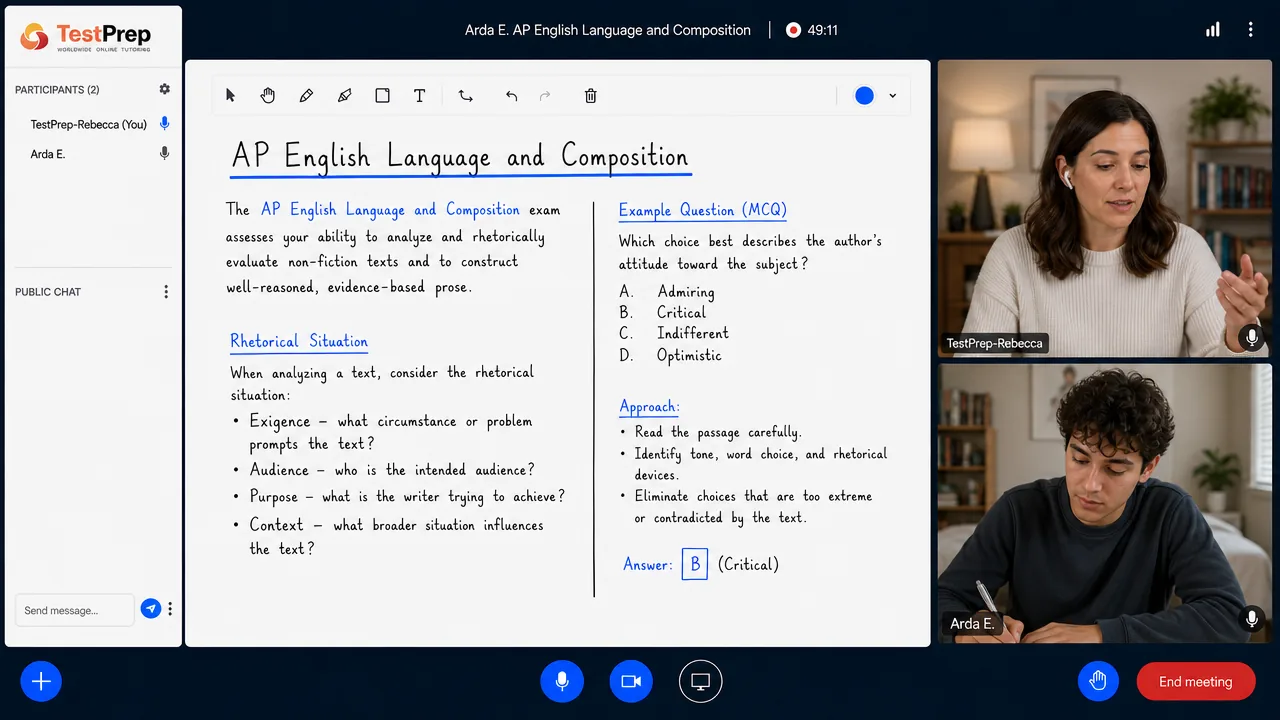 AP English Language birebir özel ders canlı ders ekranı: eğitmen ve tek öğrenci dijital tahtada AP sorusu çözüyor