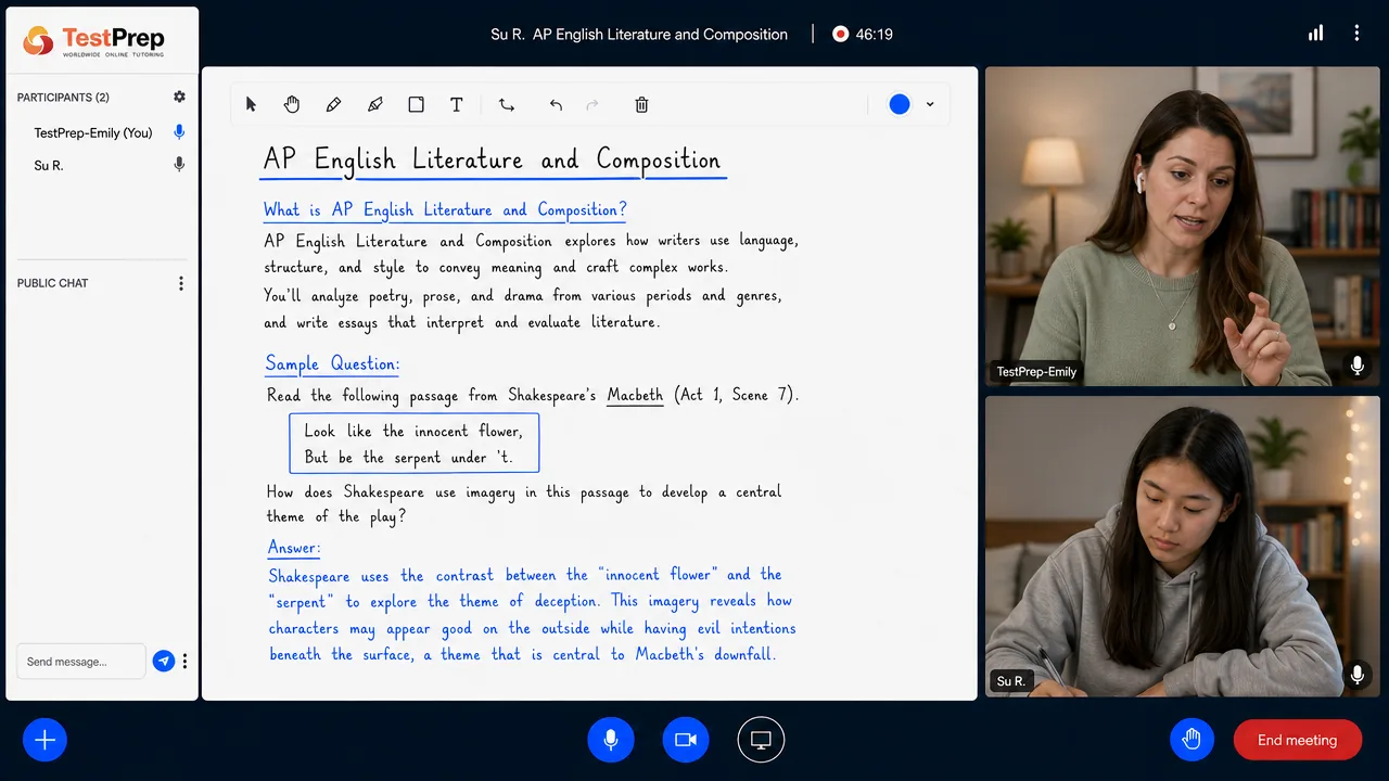 AP English Literature birebir özel ders canlı ders ekranı: eğitmen ve tek öğrenci dijital tahtada AP sorusu çözüyor