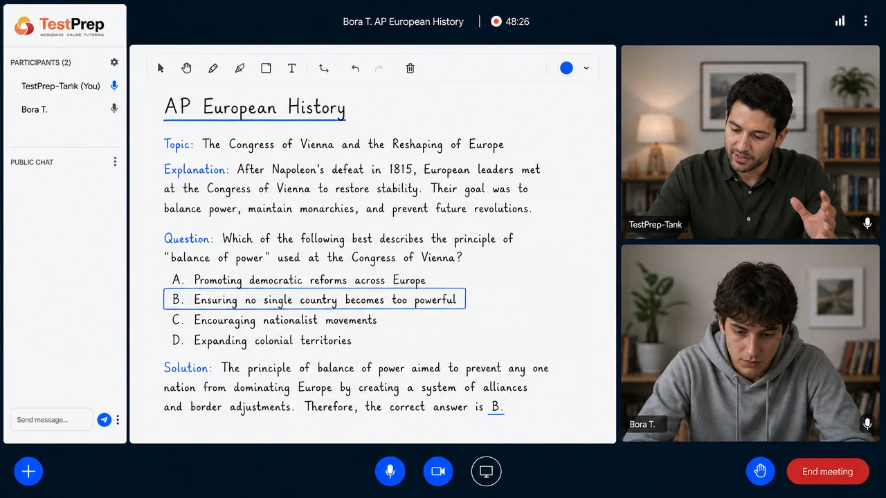 AP EU History birebir özel ders canlı ders ekranı: eğitmen ve tek öğrenci dijital tahtada AP sorusu çözüyor