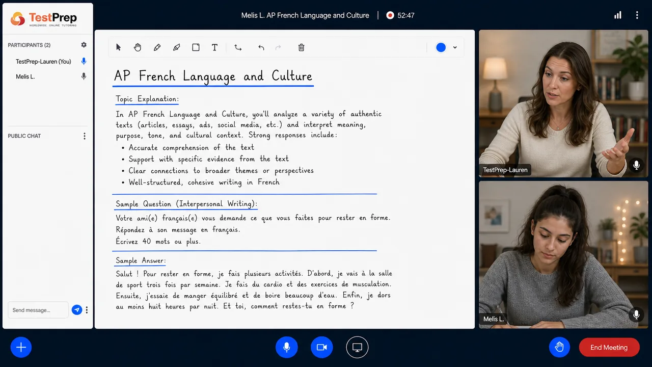 AP French birebir özel ders canlı ders ekranı: eğitmen ve tek öğrenci dijital tahtada AP sorusu çözüyor