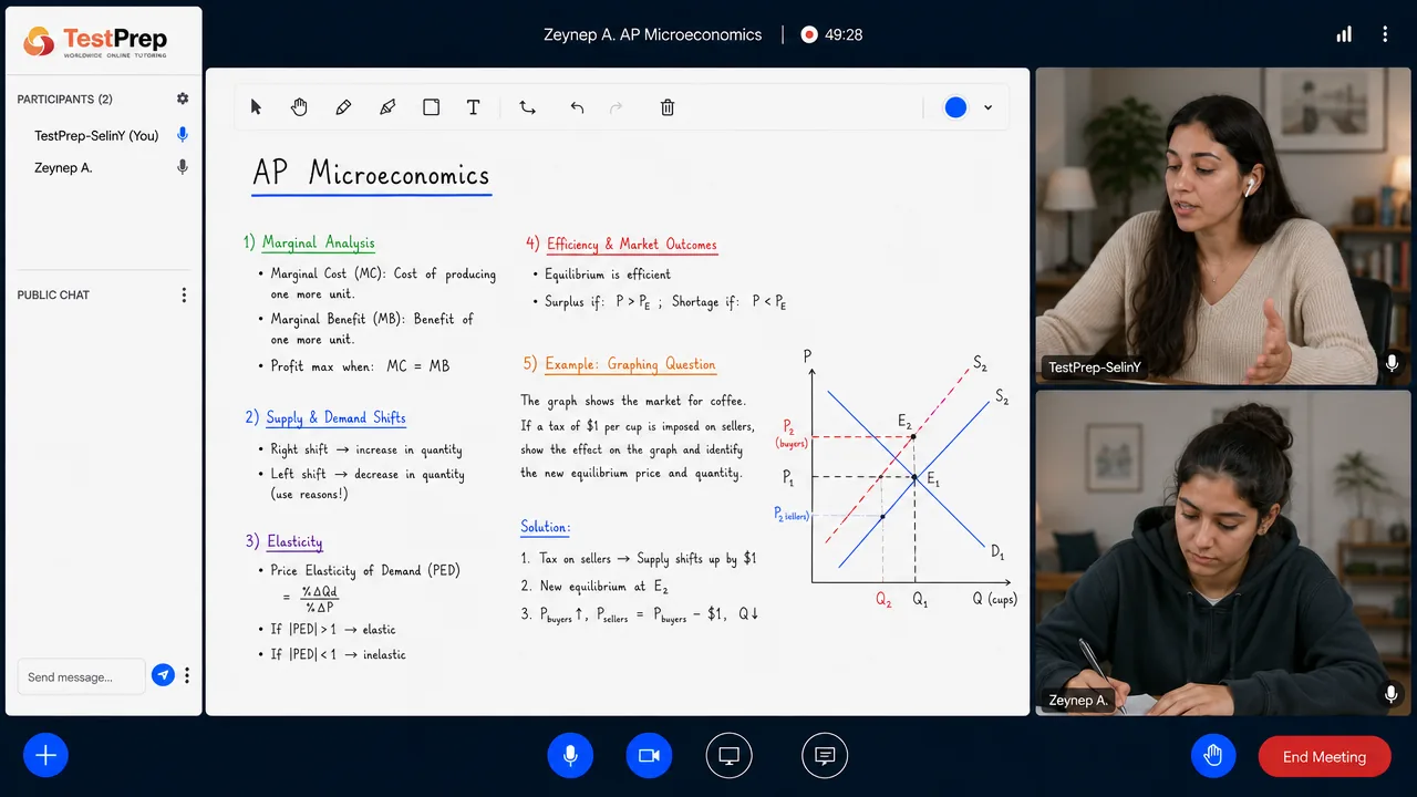 AP Microeconomics birebir özel ders canlı ders ekranı: eğitmen ve tek öğrenci dijital tahtada AP sorusu çözüyor