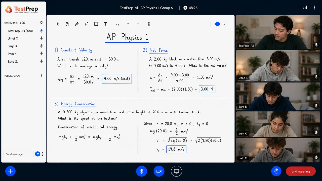 AP Physics 1 grup kursu canlı ders ekranı: küçük sınıfta dijital tahta üzerinden konu anlatımı ve AP tarzı soru çözümü