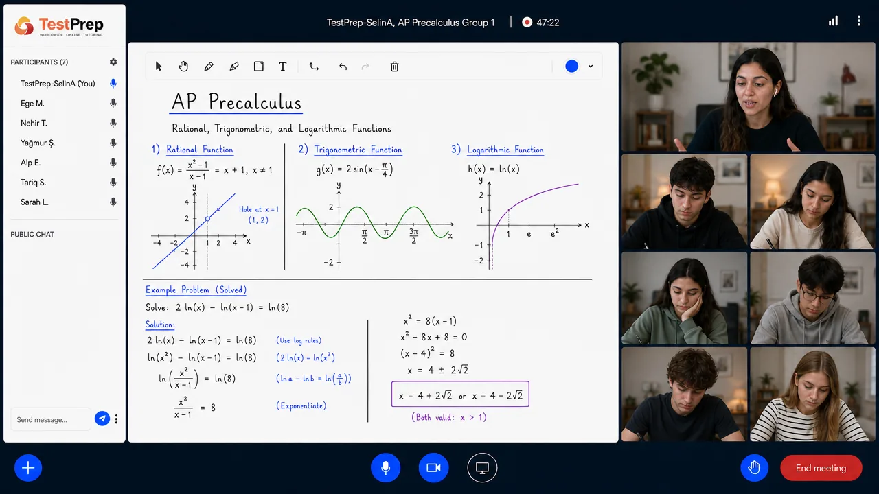 AP Precalculus grup kursu canlı ders ekranı: küçük sınıfta dijital tahta üzerinden konu anlatımı ve AP tarzı soru çözümü
