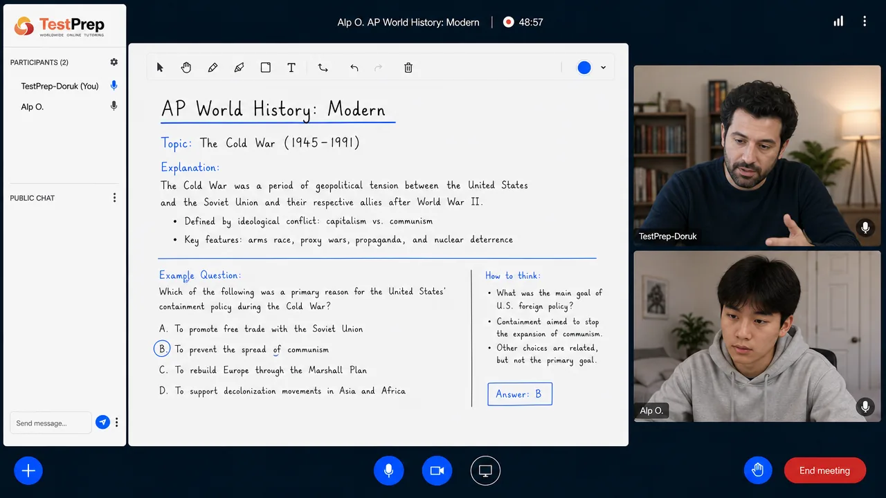 AP World History birebir özel ders canlı ders ekranı: eğitmen ve tek öğrenci dijital tahtada AP sorusu çözüyor